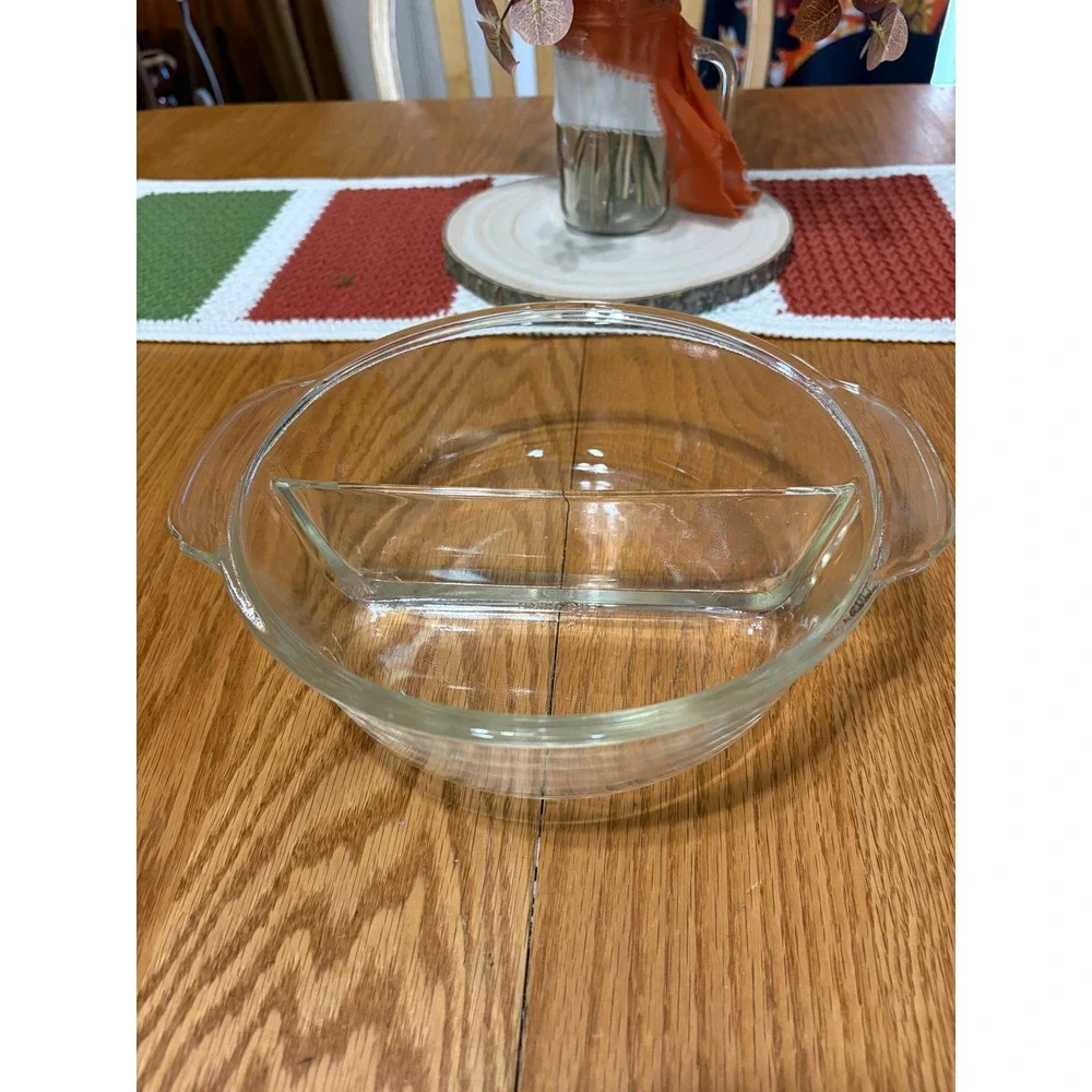 Fire-King Vintage Clear Glass Divided Casserole Dish Rnd 2-Section Ovenware USA